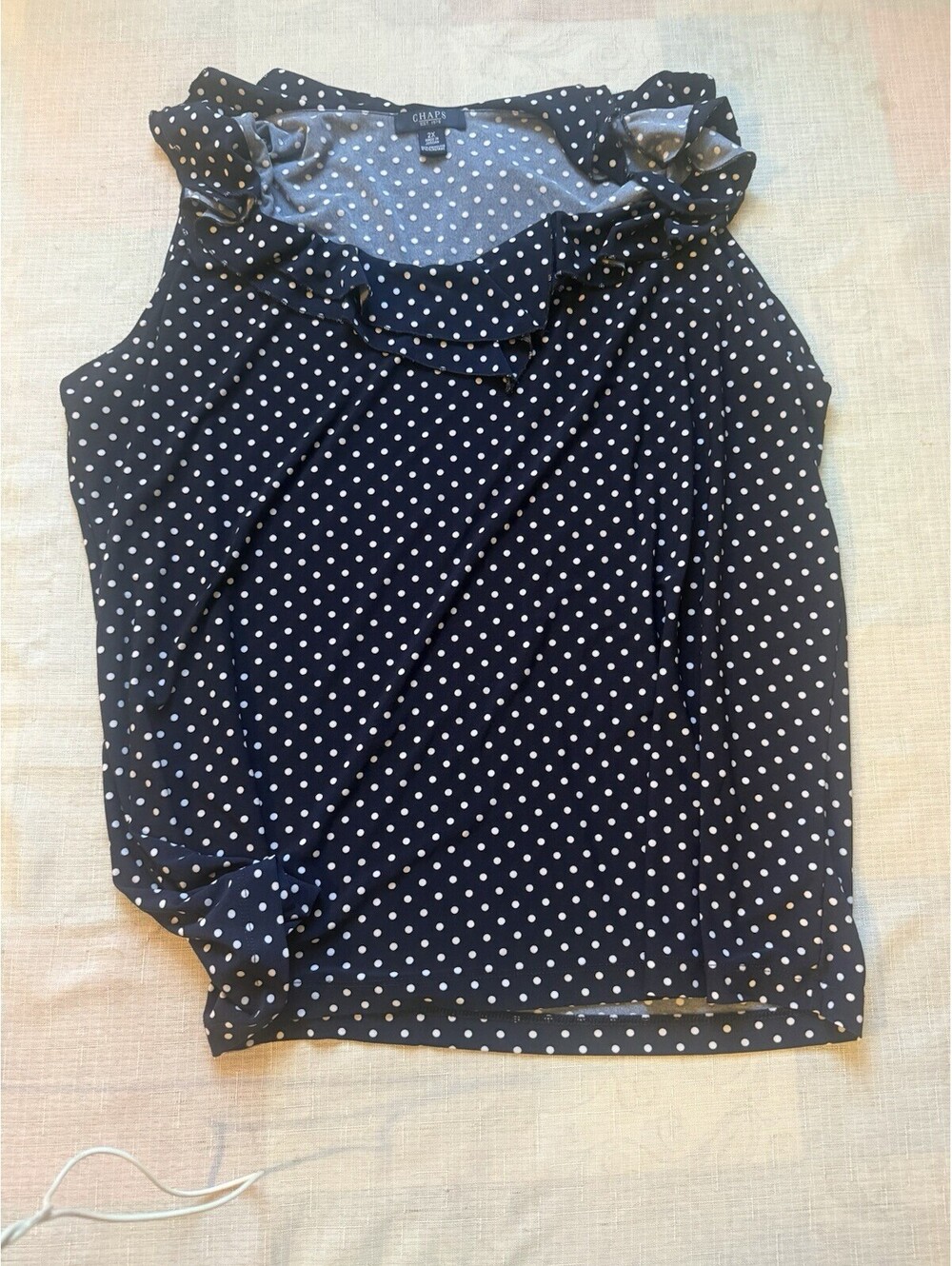 CHAPS Women’s 2X Plus Black White Polka Dot Ruffle Blouse Top Short Sleeve—1
